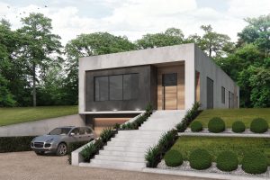 Exterior of Modern residence with drive under garage
