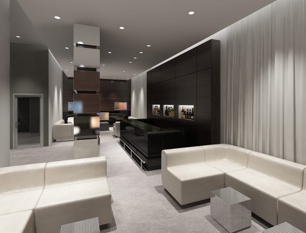 Contemporary bar lounge interior with modern white sectional seating, dark wood feature wall, illuminated liquor display, and minimalist recessed ceiling lighting