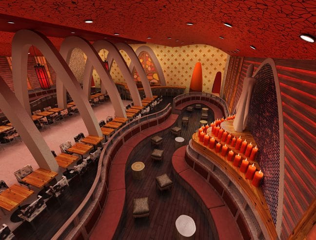 Restaurant lounge interior concept with arched architectural columns, curved banquette seating, candle-lit feature wall, and dramatic red textured ceiling designed by Jordan Guide Design