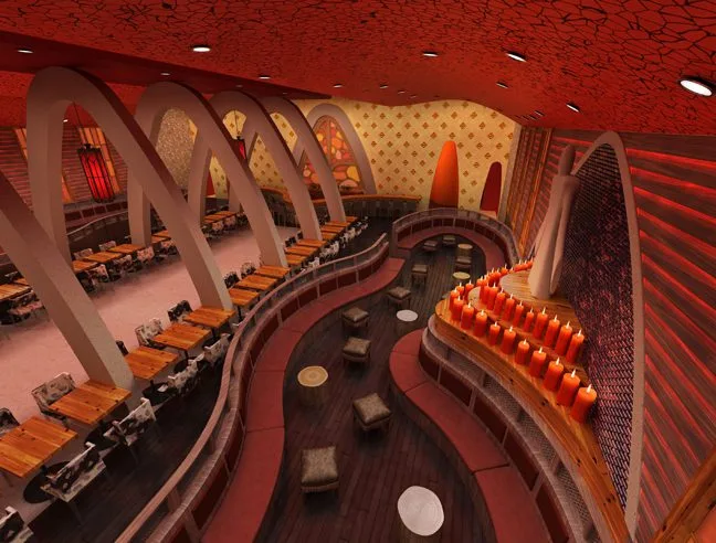Restaurant lounge interior concept with arched architectural columns, curved banquette seating, candle-lit feature wall, and dramatic red textured ceiling designed by Jordan Guide Design