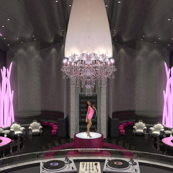 Luxury nightclub interior design with crystal chandelier, elevated DJ booth, pink LED lighting, sculptural seating, and dramatic stage centerpiece by Jordan Guide Design