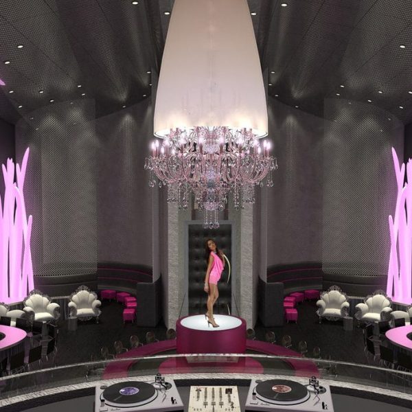 Luxury nightclub interior design with crystal chandelier, elevated DJ booth, pink LED lighting, sculptural seating, and dramatic stage centerpiece by Jordan Guide Design